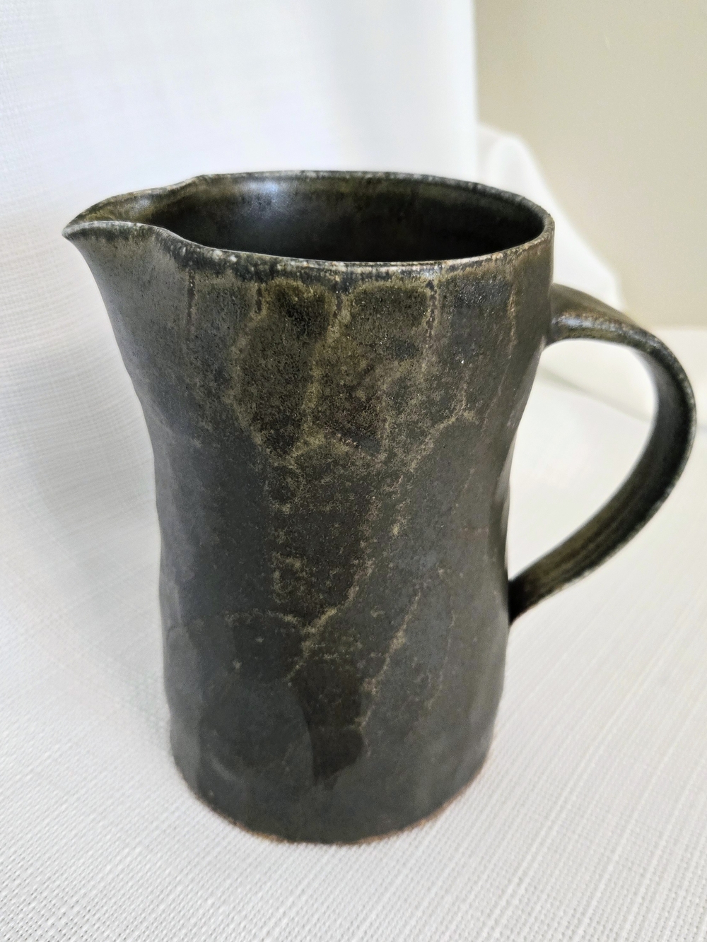 Primitive Stoneware Pitcher Textured Handled Brown Charcoal Rustic Country Vase
